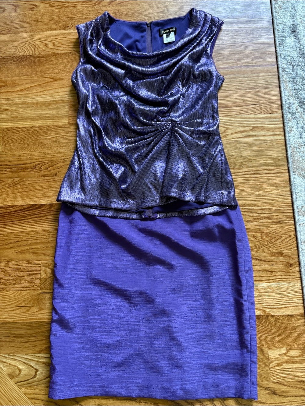 Tadashi Shoji / Isabella Purple Sequin Draped Cowl sequins 2 piece skirt formal